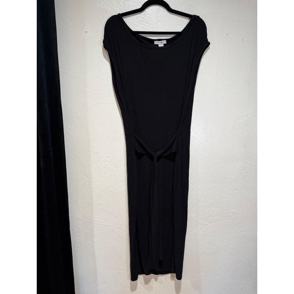 White House Black Market Black Ribbed Knit Tie Waist Midi Dress Womens Large